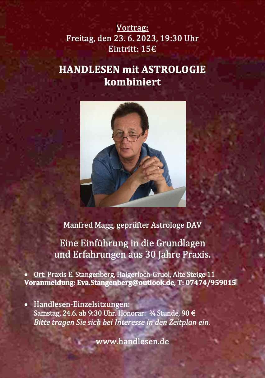 Handlesen mit Astrologie kombiniert, Vortrag Juni 2023